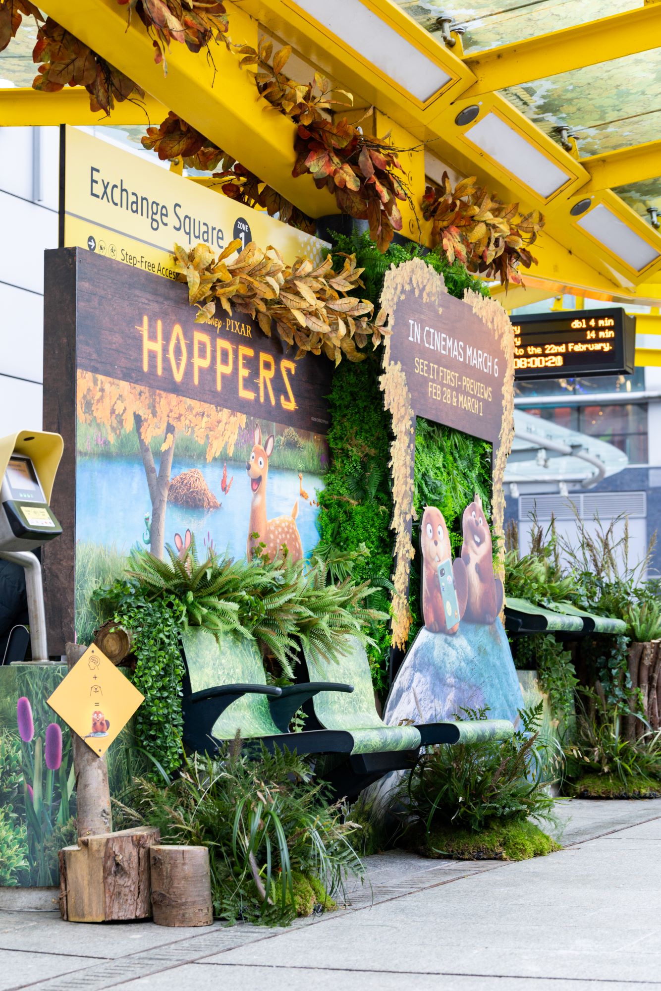 Event graphics installation at Transport for Greater Manchester tram stop for Hoppers film launch