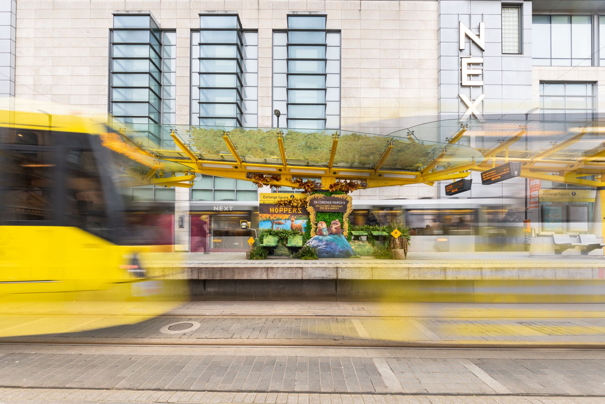 3D tram stop advertising graphics at Exchange Square Manchester for Disney Pixar Hoppers