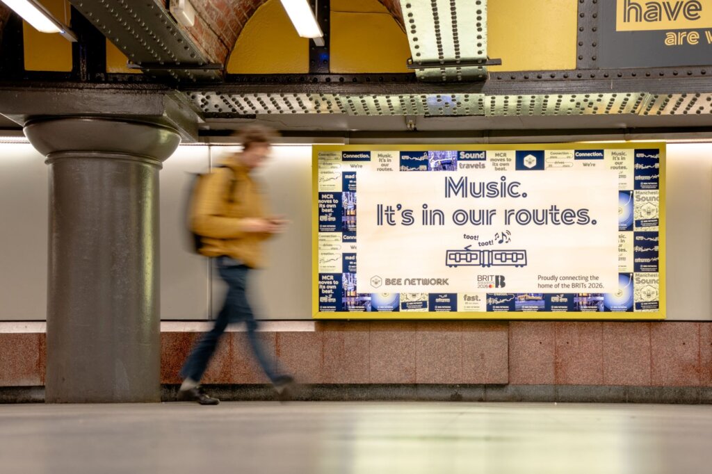 Victoria tram stop BRIT awards advertiseing for transport for greater manchester by vinyline
