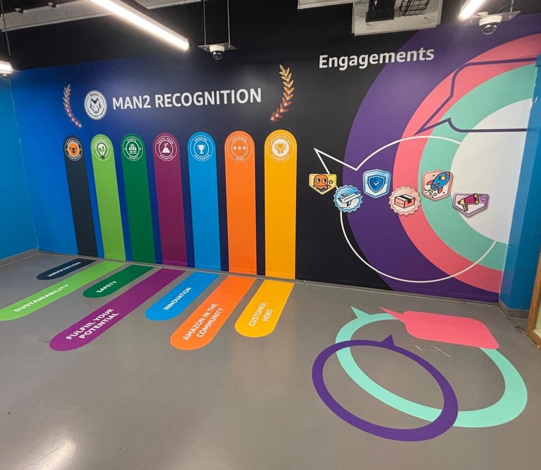 wall and floor graphics done by vinyline for amazon warehouse