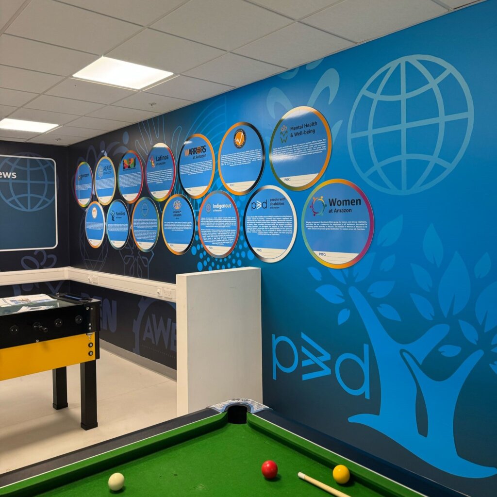 Affinity group and employee information wall graphics at Amazon LBA8