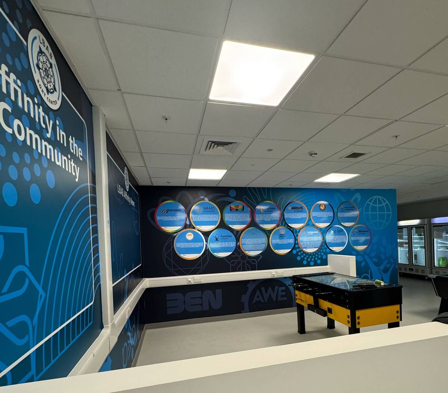 Large format wall graphics installed in Amazon LBA8 staff canteen