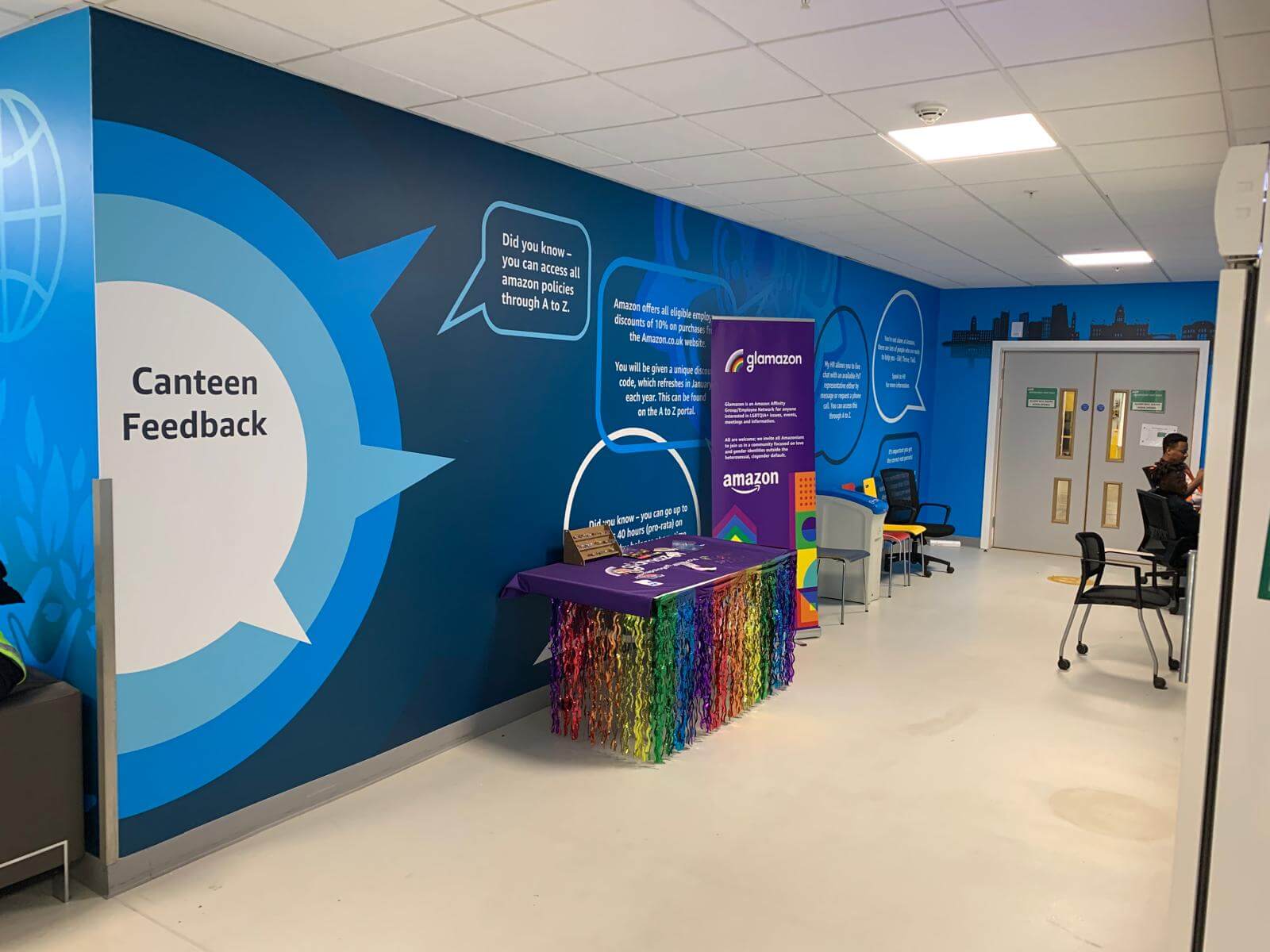 Custom printed wall graphics creating employee engagement zones in Amazon canteen