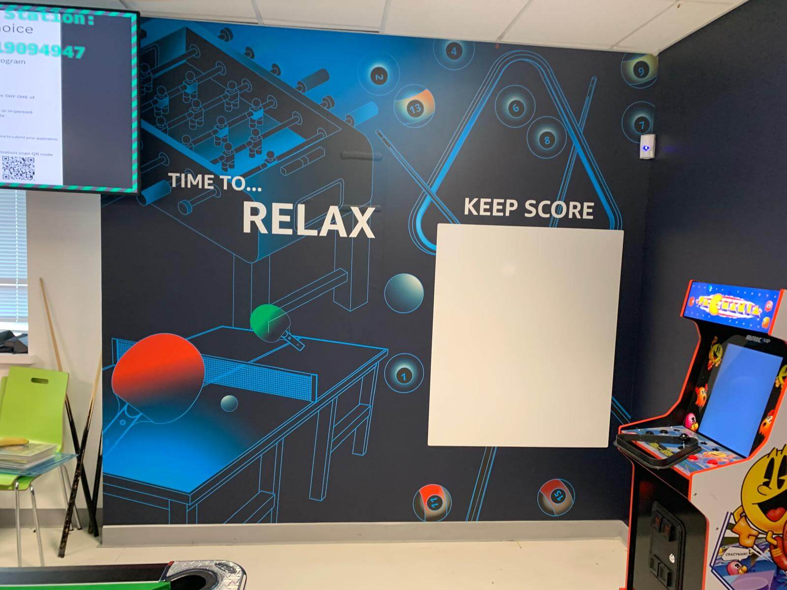 Employee breakout area transformed with bespoke wall graphics