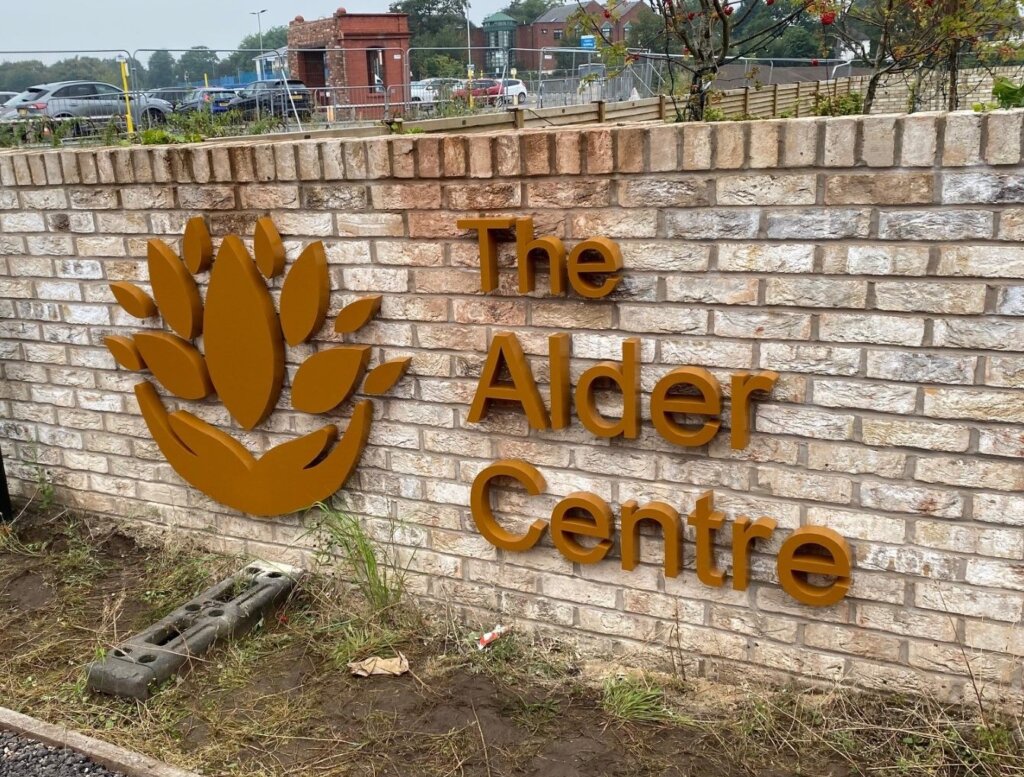 the alder centre built up 3D metal text by vinyline for alder hey