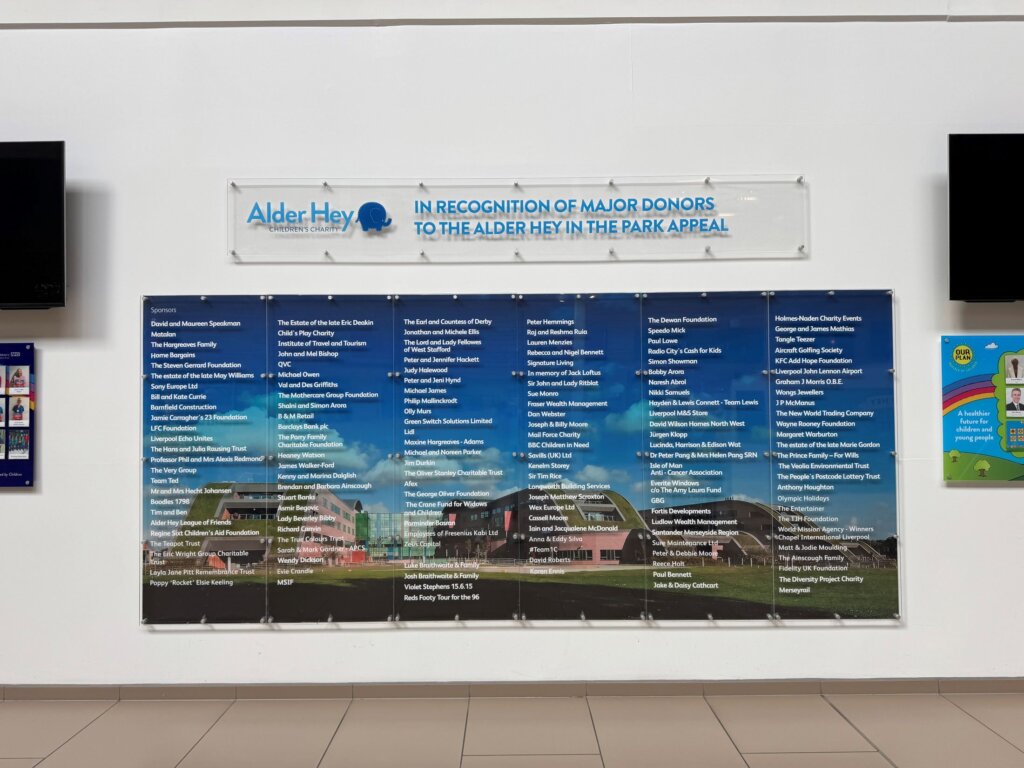 acrylic signage at alder hey hospital for the alder hey charity
