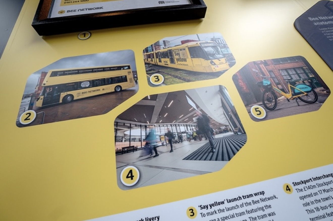 Custom exhibition graphics explaining the history of the Bee Network.
