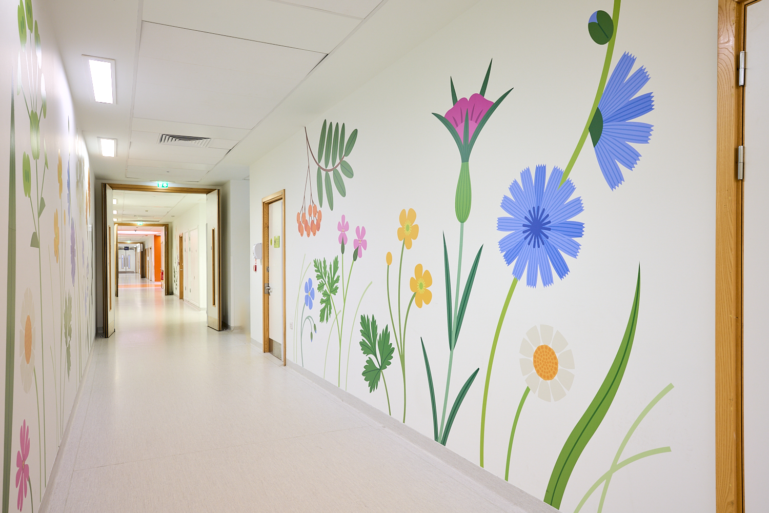 Print and cut floral vinyl graphics in critical care corridor