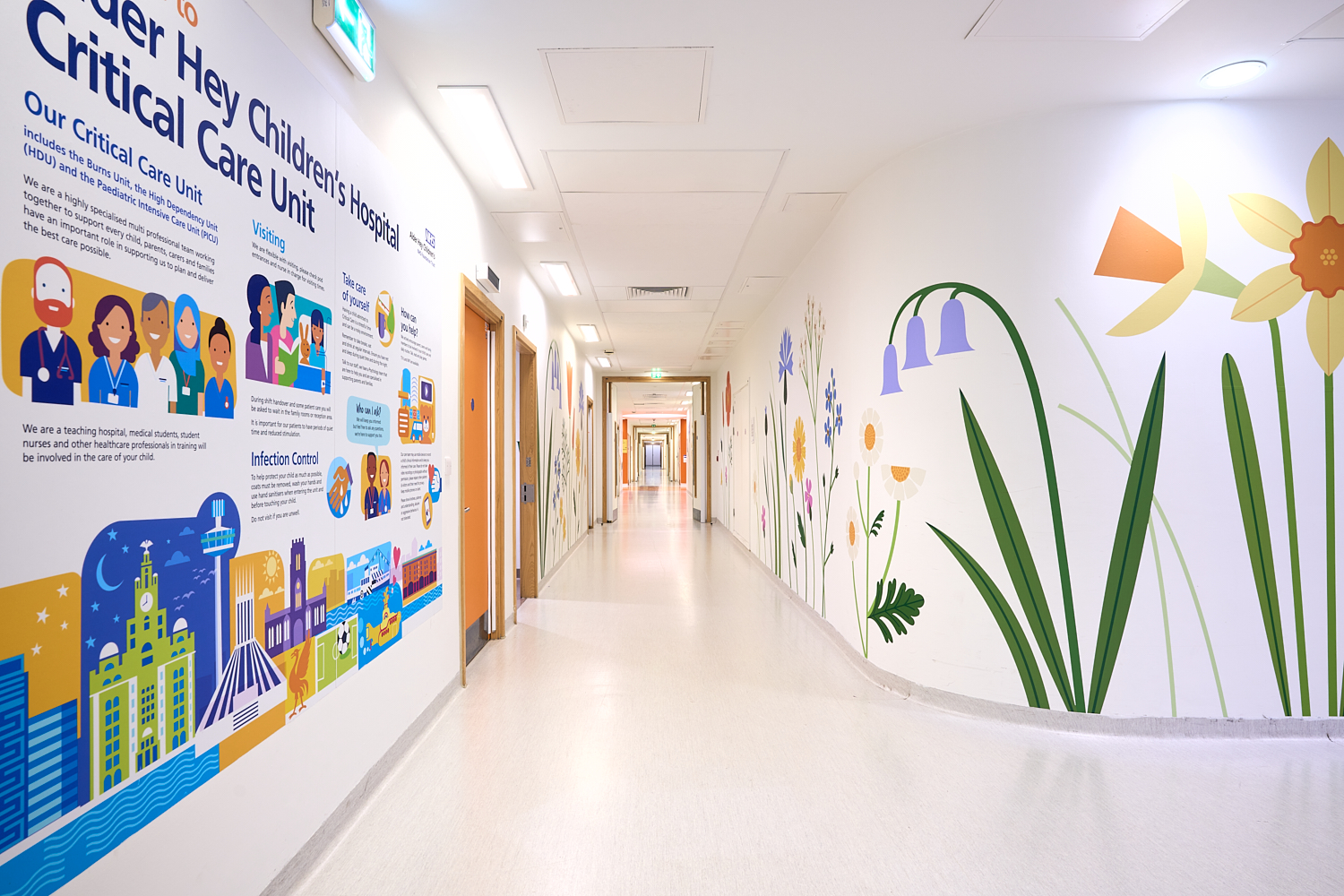 Floral environmental graphics in hospital corridor